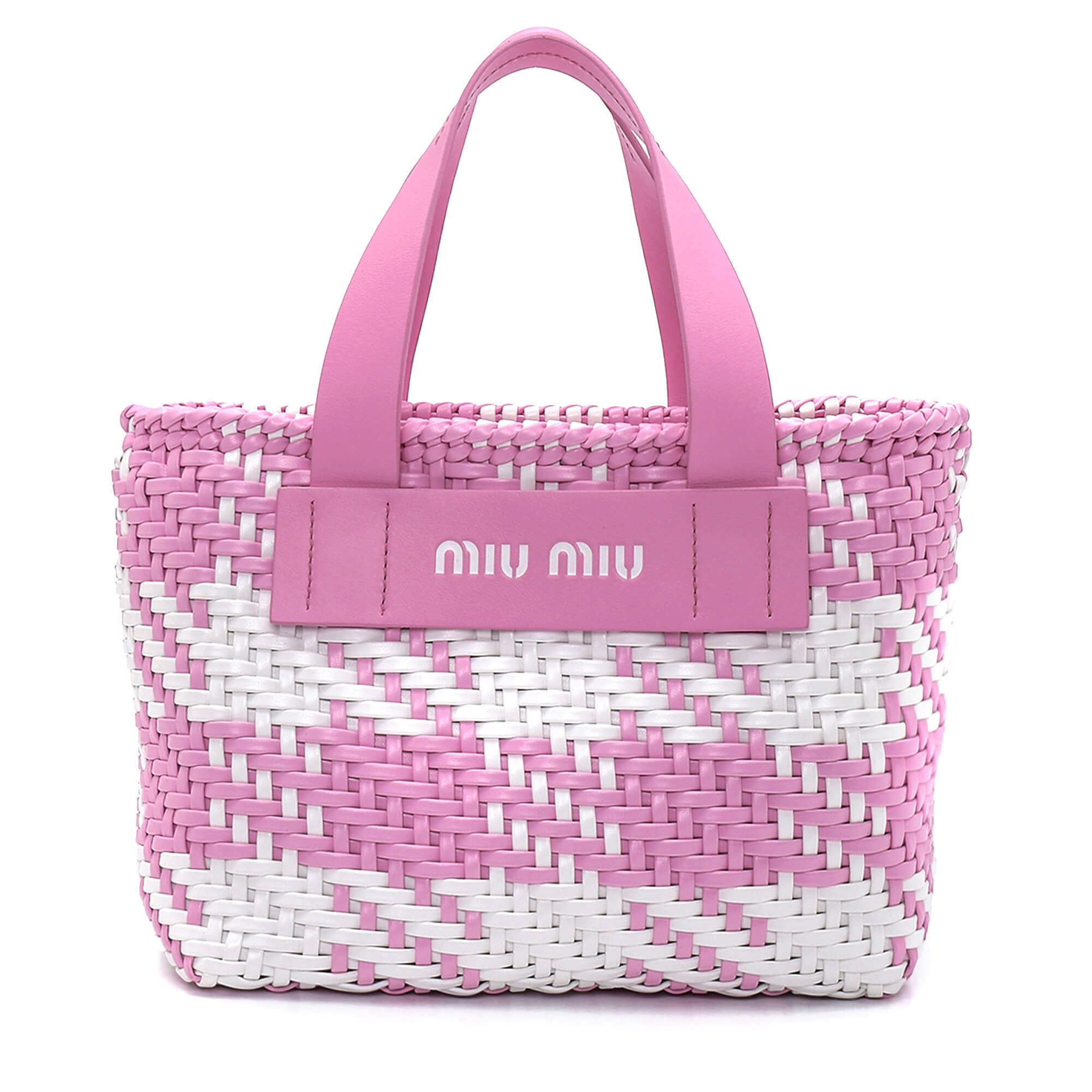 Miu Miu - Pink & White Leather Woven Gingham Tote Bag
